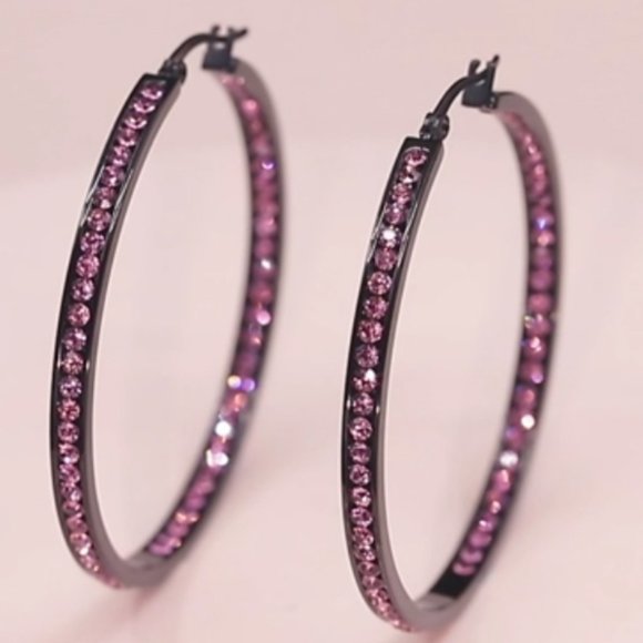 Black Metal Pink Rhinestone Hoop Earrings Faceted Crystal Channel Hoops Sparkle - Picture 7 of 12